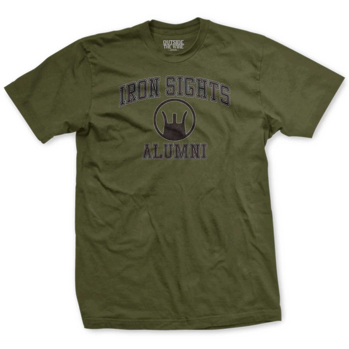 Green t-shirt with 'IRON SIGHTS ALUMNI' text and a leatherneck logo on the front.