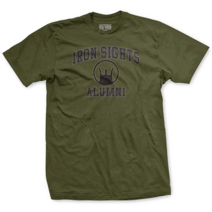 Green t-shirt with 'IRON SIGHTS ALUMNI' text and a leatherneck logo on the front.