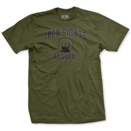 Green t-shirt with 'IRON SIGHTS ALUMNI' text and a leatherneck logo on the front.