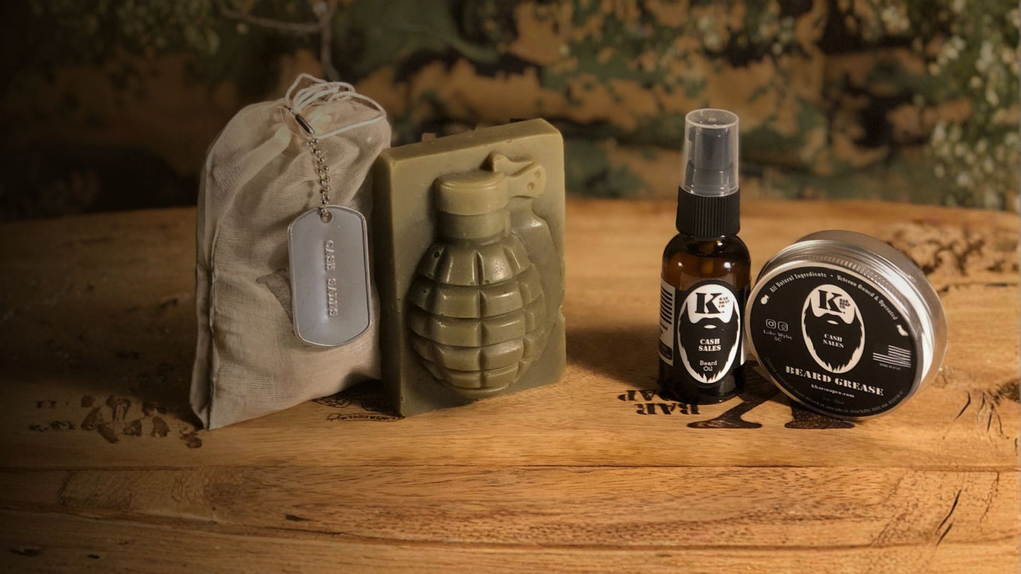 Grooming products including a bottle, jar, and soap on a wooden surface with camouflage background