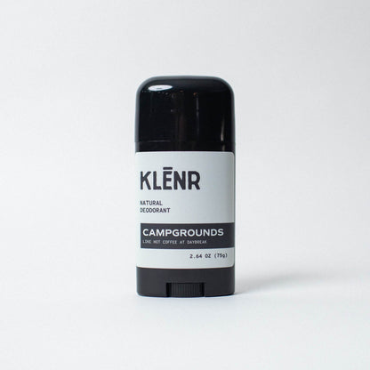 Klenr natural deodorant stick labeled 'Campgrounds' on a white background