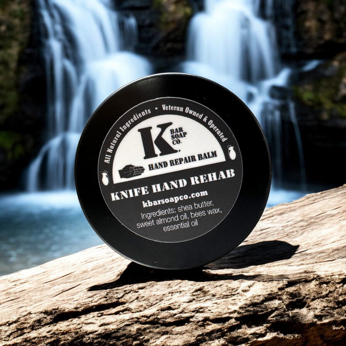 Knife Hand Natural Dry Skin Rehab & Repair Balm dry skin repair balm in use – natural grooming lifestyle photo – K Bar Soap Co