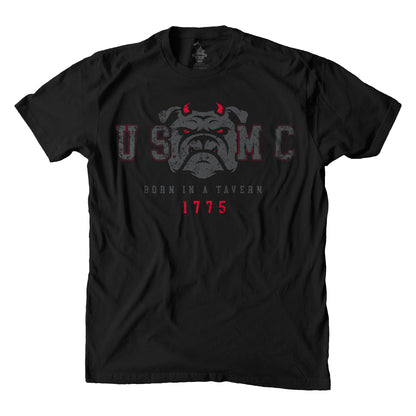 Black T-shirt with a graphic print of a USMC bulldog, the text 'Born in '75', and the USMC logo.