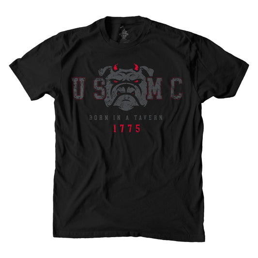 Black T-shirt with a graphic print of a USMC bulldog, the text 'Born in '75', and the USMC logo.