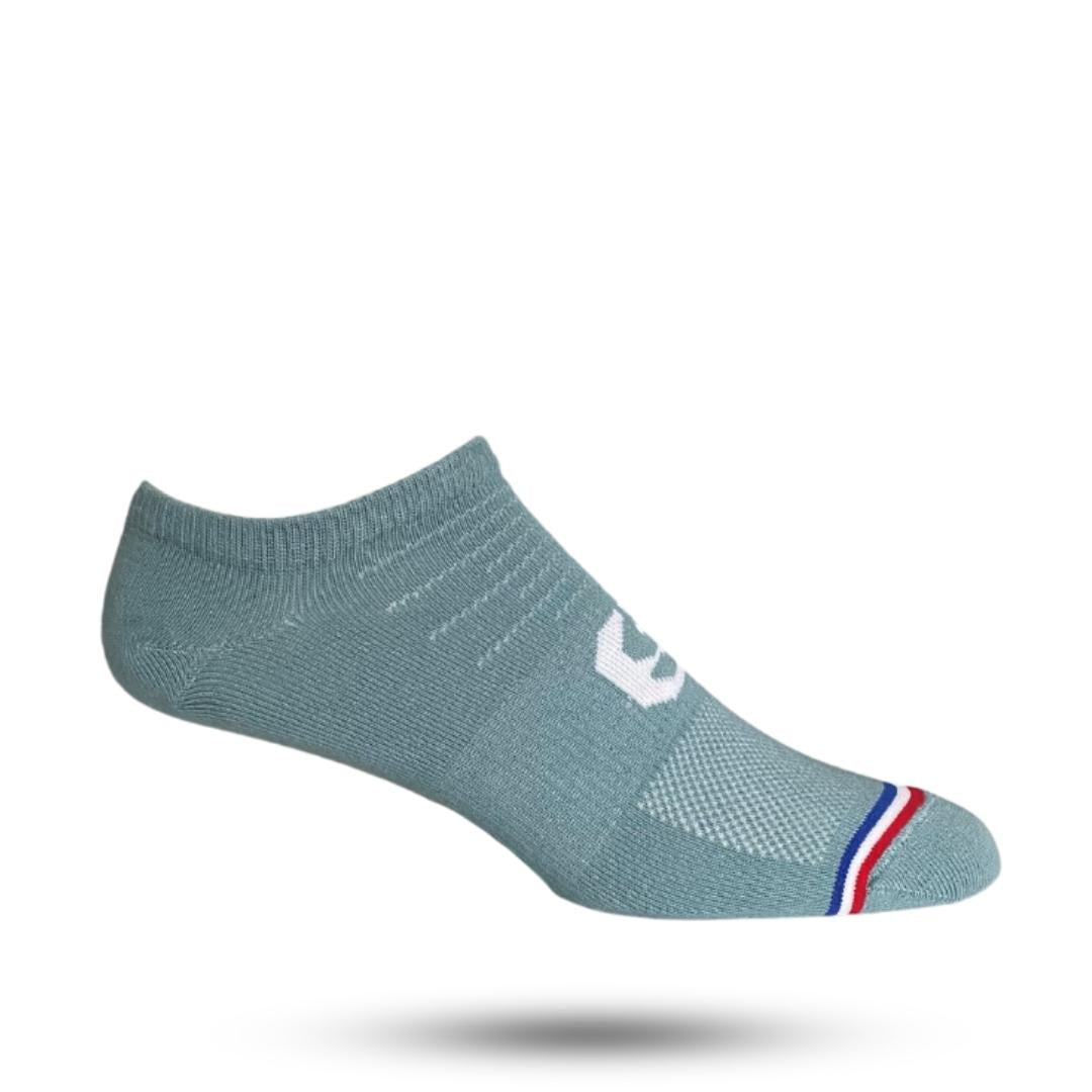 Grey no show sock with red white and blue stripe on toes