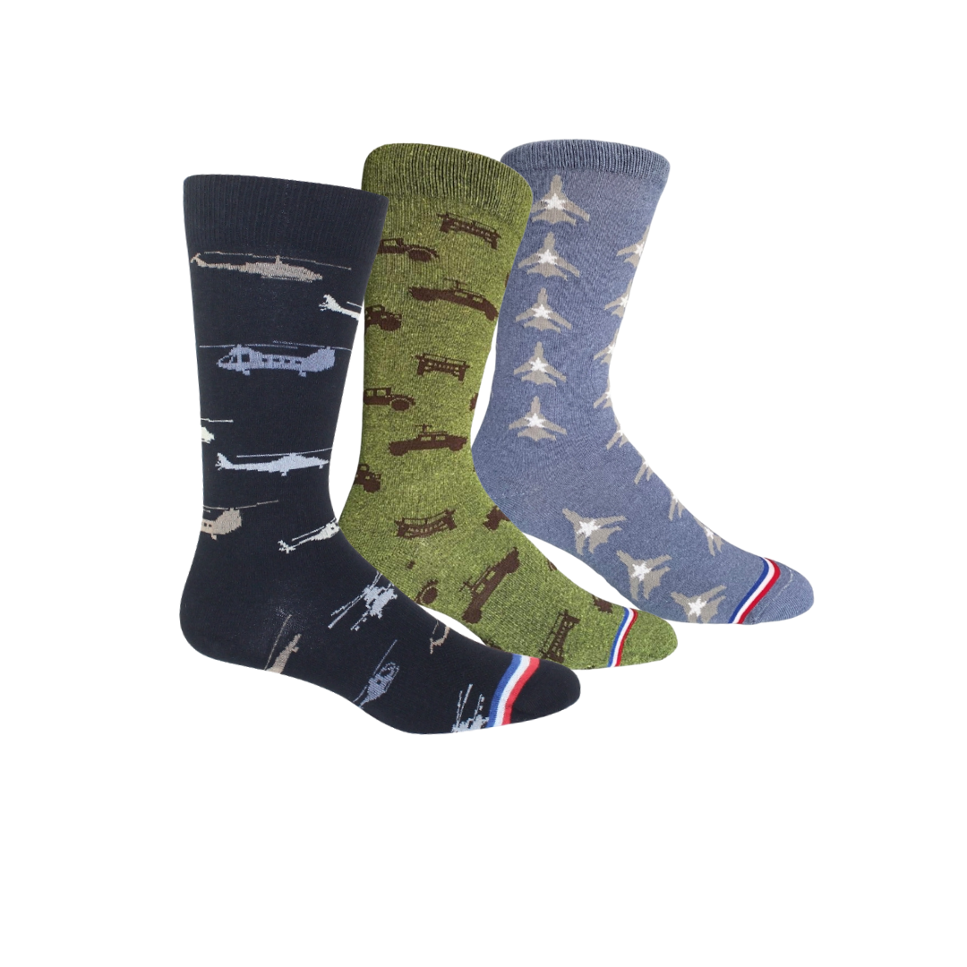 Three pairs of crew socks with various military-themed patterns including airplanes and tanks.