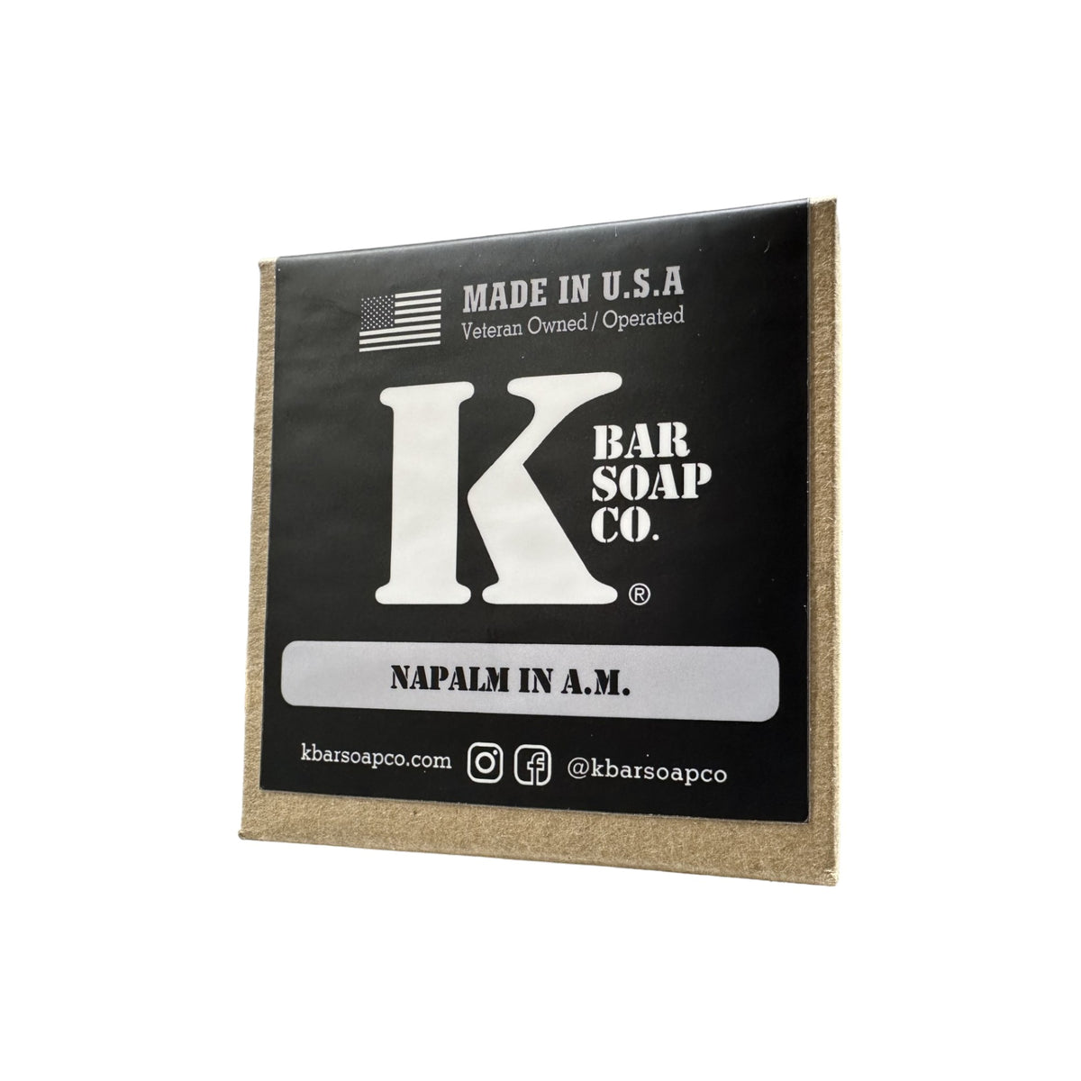 Napalm in A.M. natural bar soap in its K Bar box, front