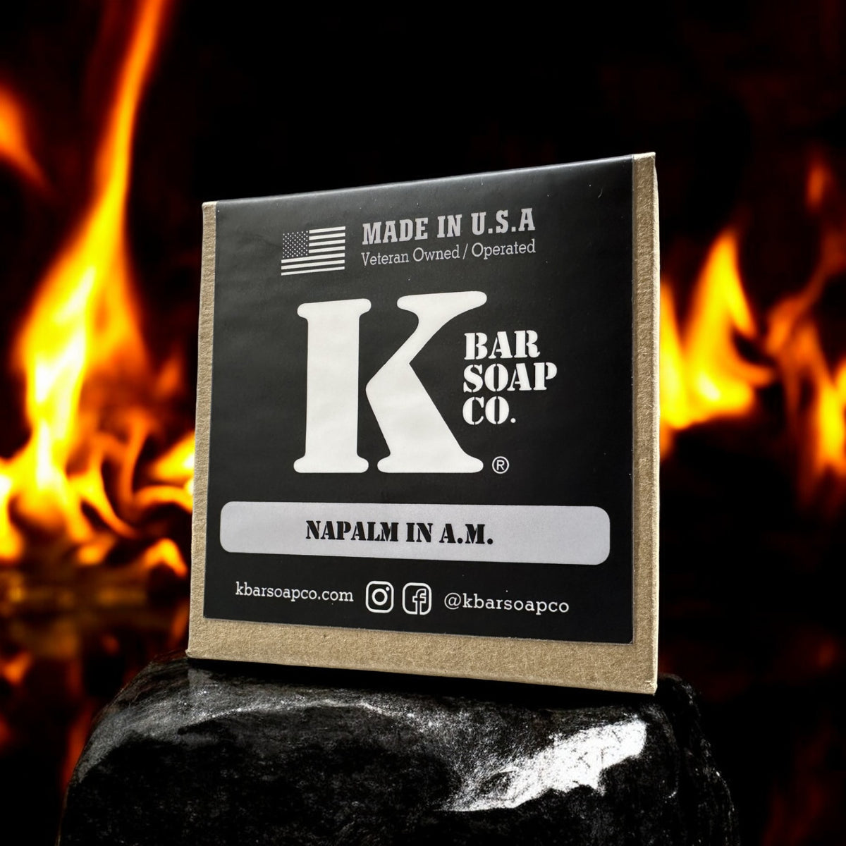Napalm in A.M. bar soap box in front of a campfire