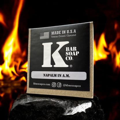 Napalm in A.M. bar soap box in front of a campfire