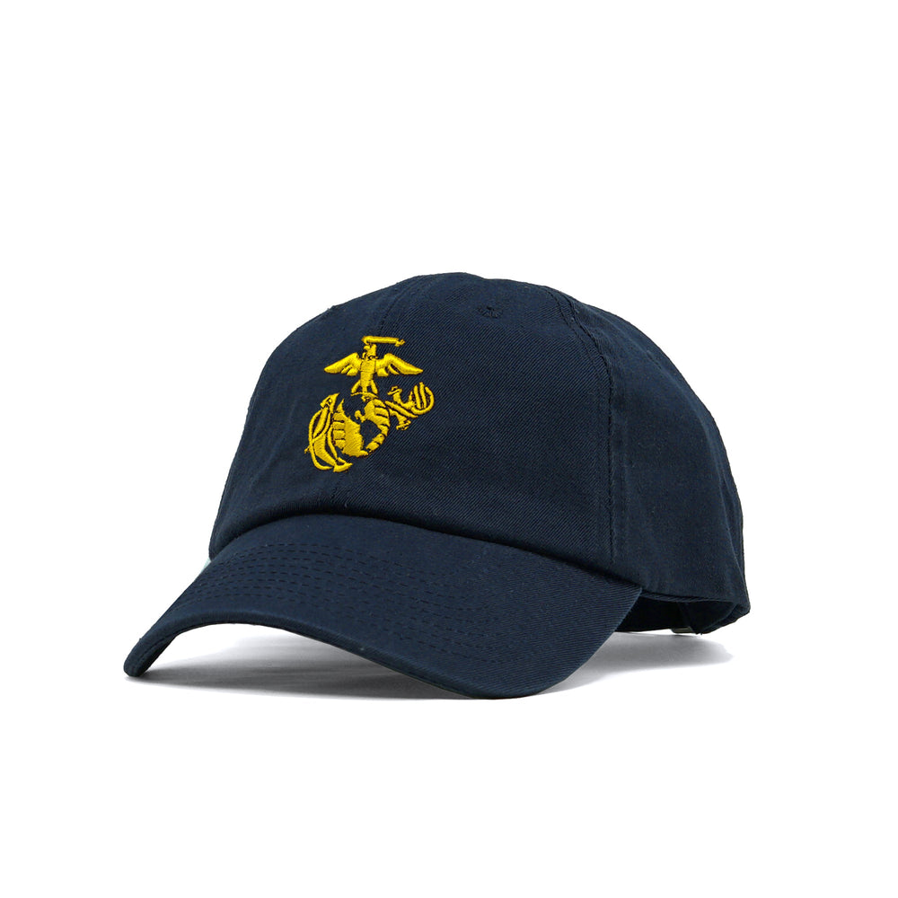 Eagle Globe & Anchor Unstructured USMC Hat with 3D embroidery- Navy Hat w/ Gold