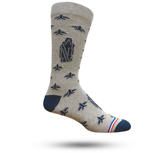 Navy-colored socks with an aircraft carrier pattern and the French flag's colors.