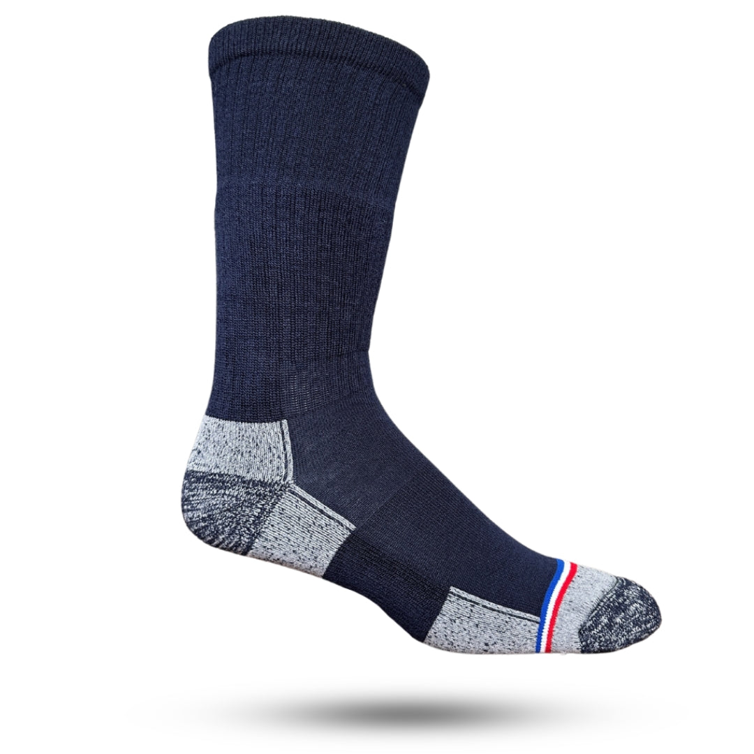A pair of navy and grey wool socks with a striped design and a reinforced heel and toe seam.