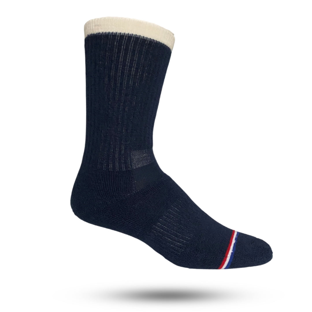 A single black colored crew sock with a striped heel featuring red and white colors.