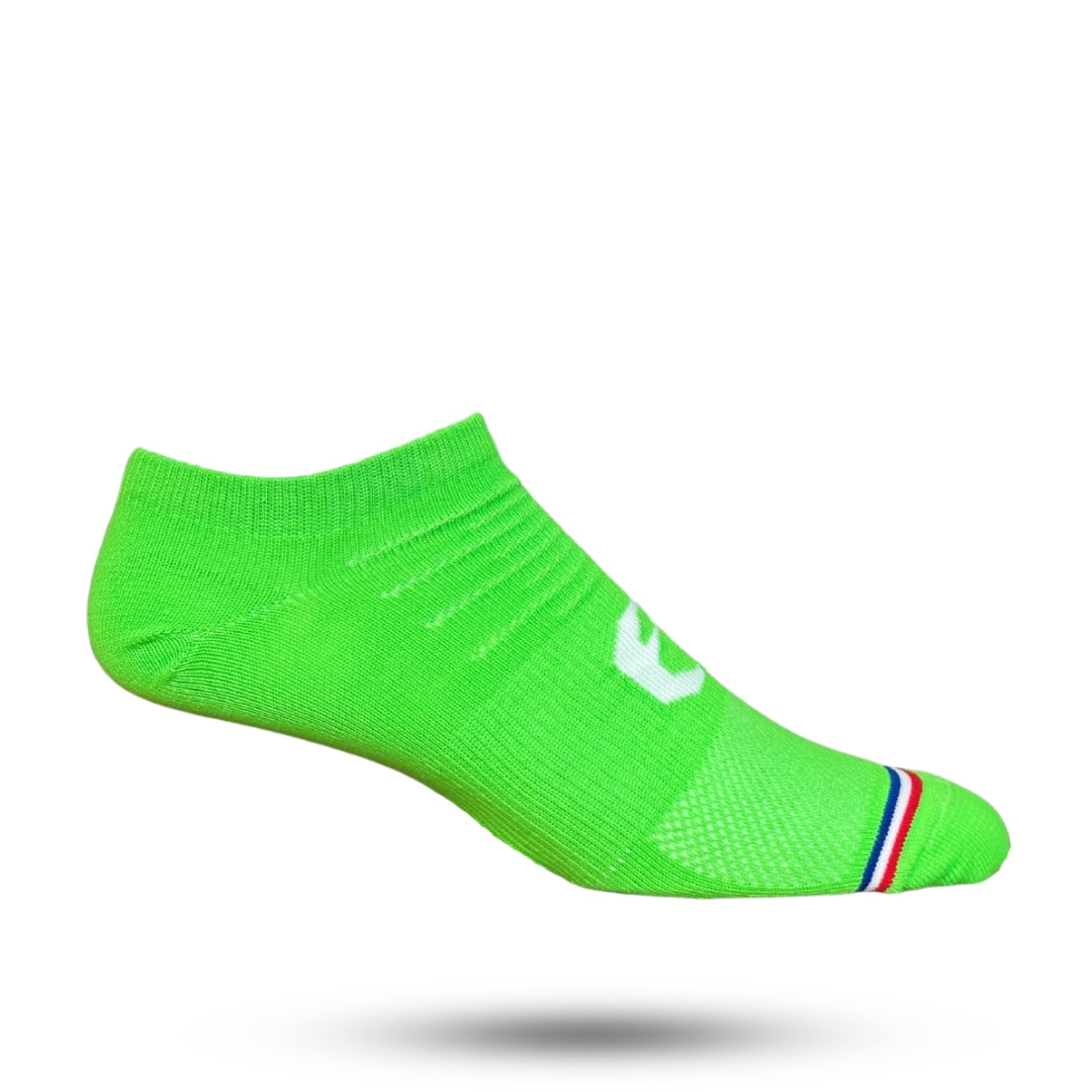 Green no show sock with red white and blue stripe on toes