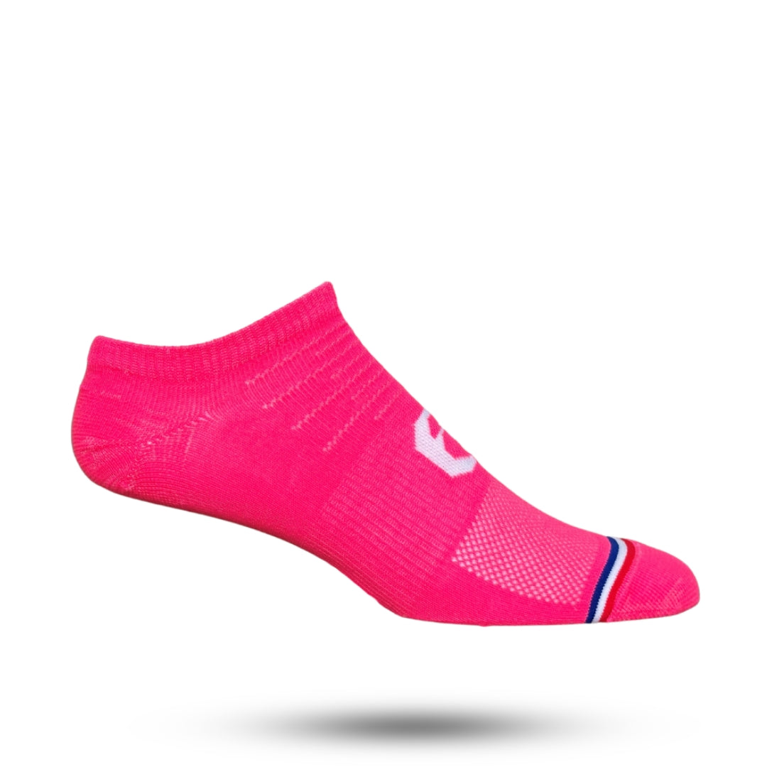 Pink no show sock with red white and blue stripe on toes