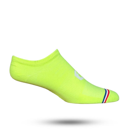Neon Yellow no show sock with red white and blue stripe on toes