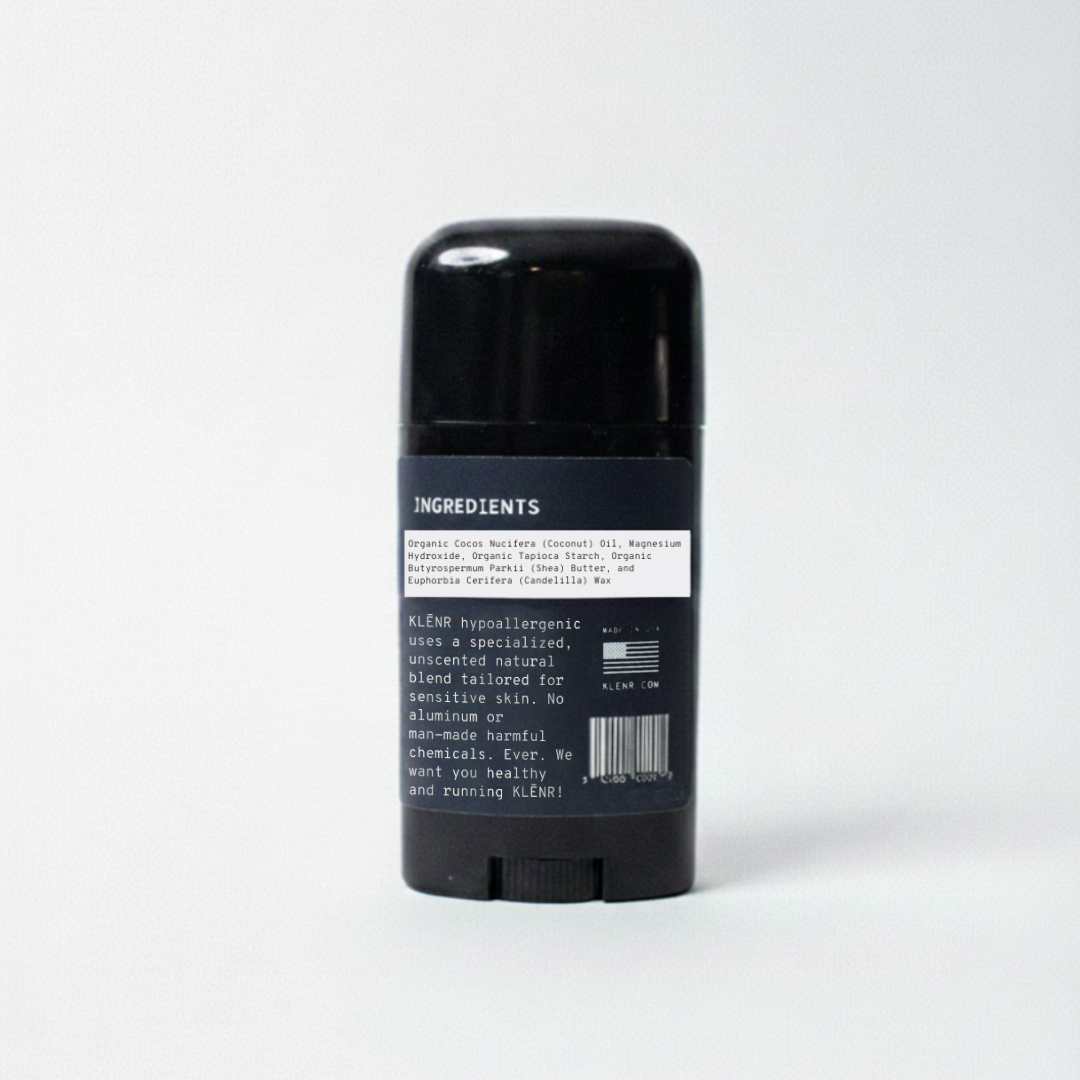 Black deodorant stick with label on a white background