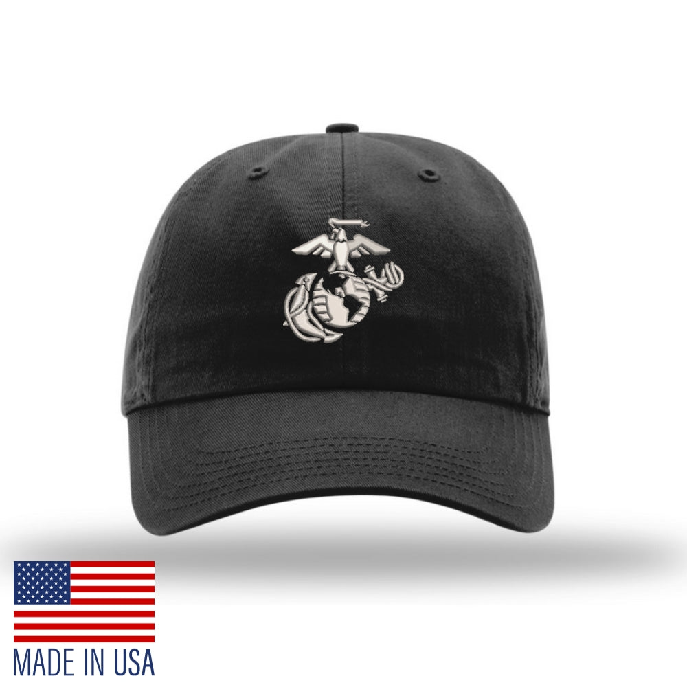 
                  
                    Eagle Globe & Anchor Unstructured USMC Hat with 3D embroidery- Black Hat w/ Grey
                  
                