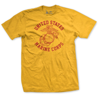 A yellow t-shirt with a text and graphic design representing the United States Marine Corps.