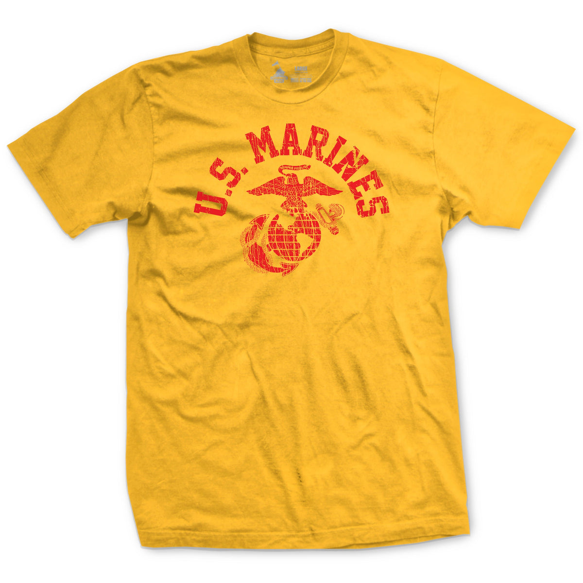 A yellow T-shirt with a red and orange 'US MARINES' text and a graphic of a globe in the center.