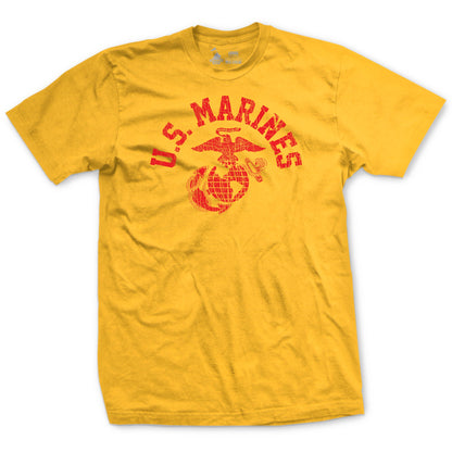 A yellow T-shirt with a red and orange 'US MARINES' text and a graphic of a globe in the center.