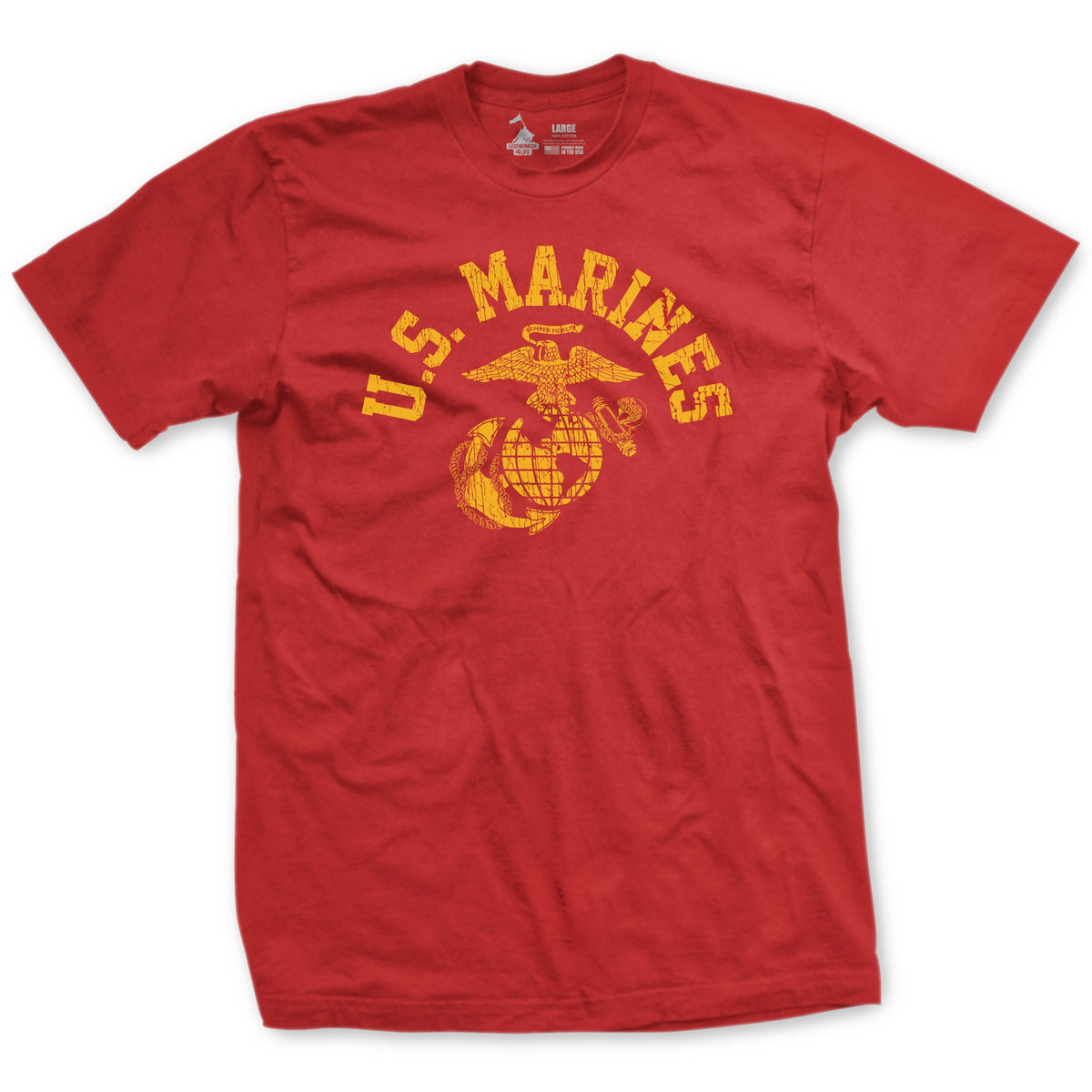 Red T-shirt with 'U.S. Marines' text and emblem in yellow.
