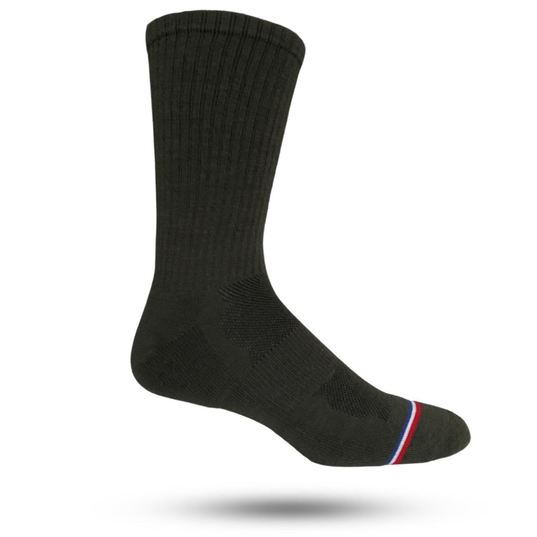 Olive wool socks with a striped design and a reinforced heel and toe seam.