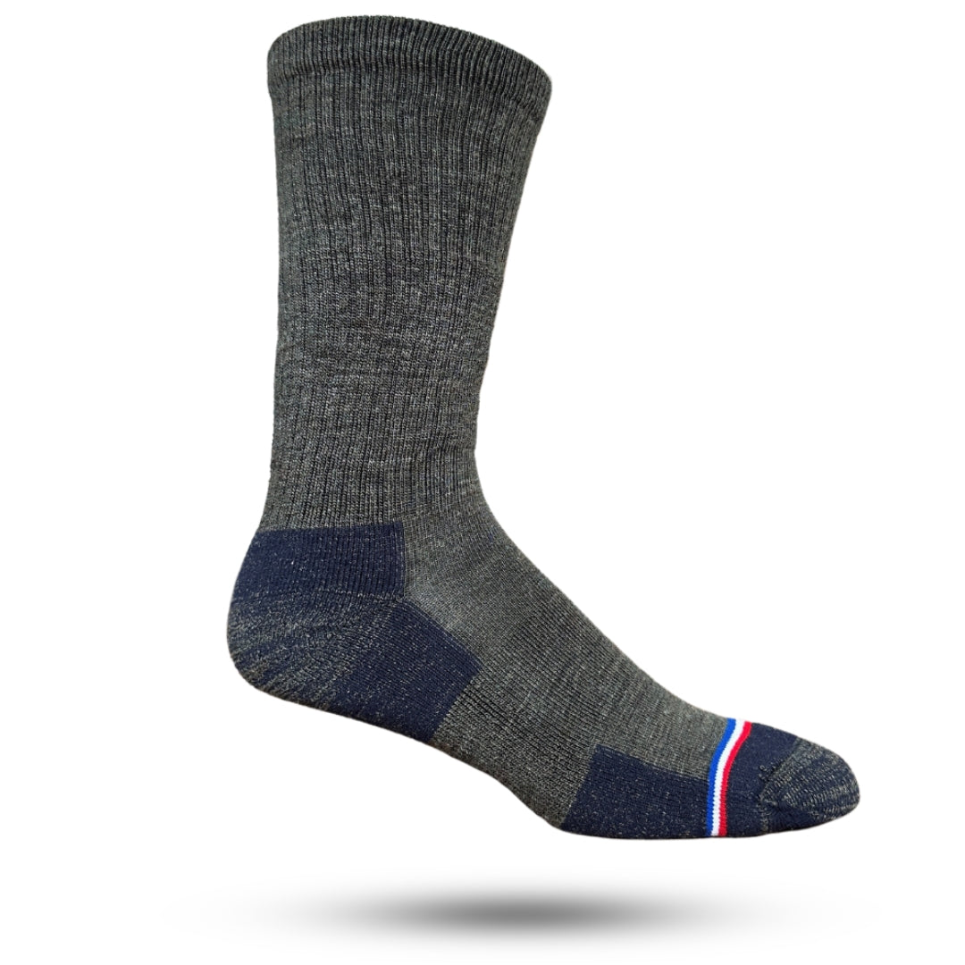 A pair of navy and olive wool socks with a striped design and a reinforced heel and toe seam.