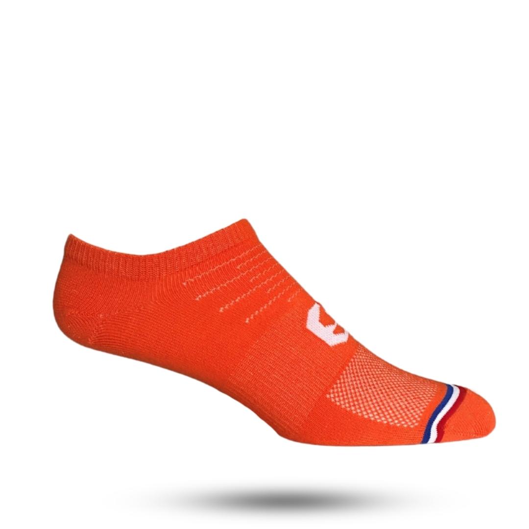 Orange no show sock with red white and blue stripe on toes
