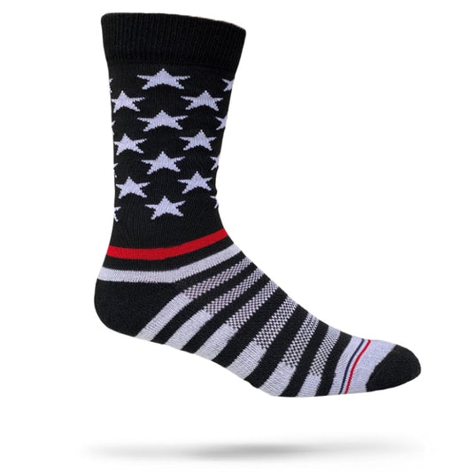 A pair of black socks with white starts above ankle and striped below ankle