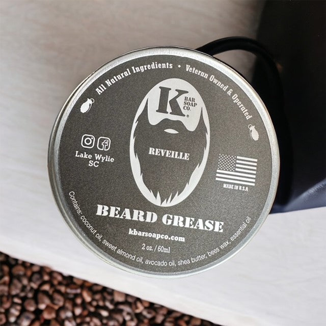 Reveille coffee beard grease tin on coffee beans