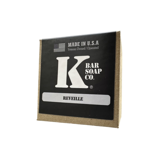 Reveille coffee natural bar soap in its K Bar box, front