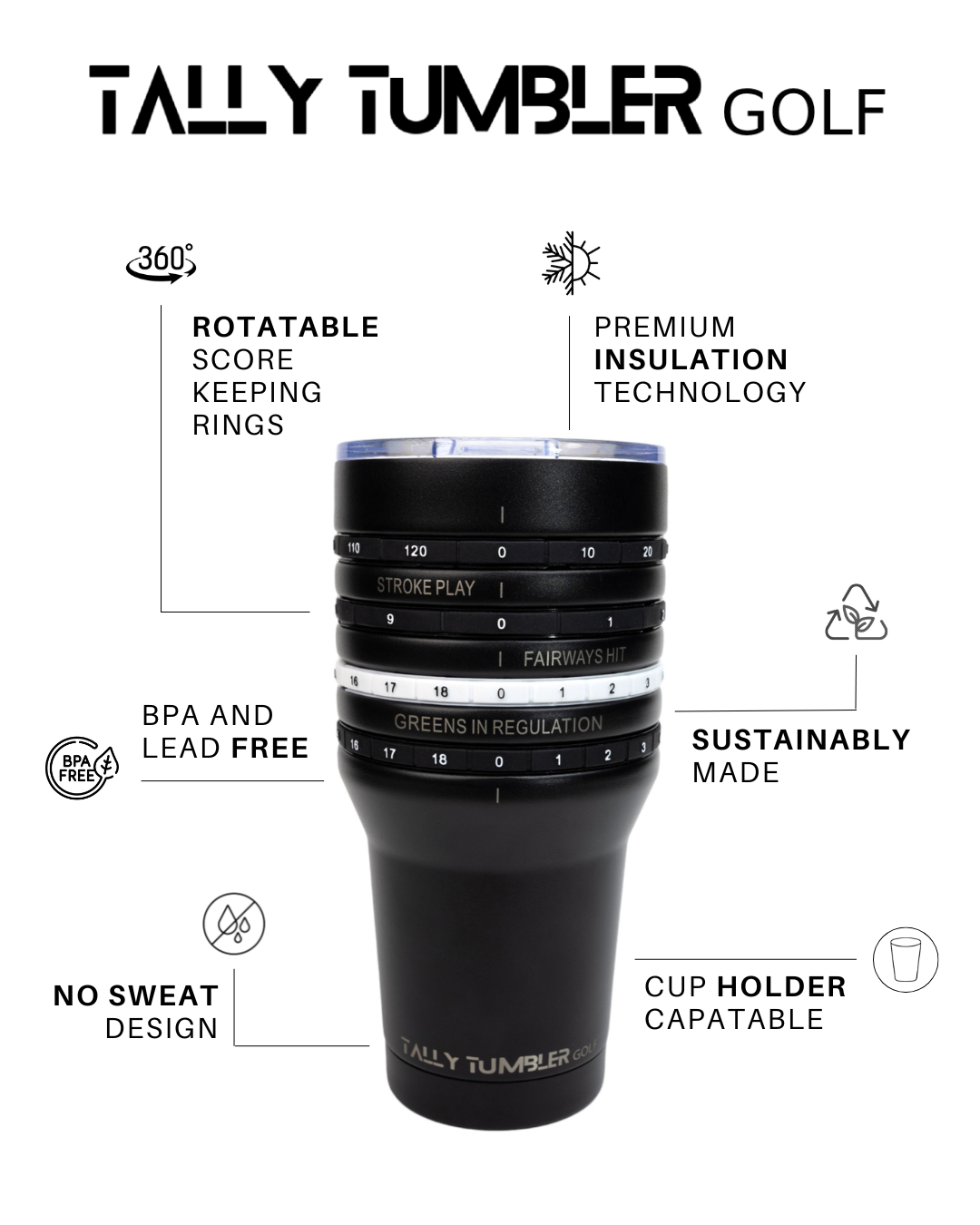 Black tumbler with golf-themed features on a white background