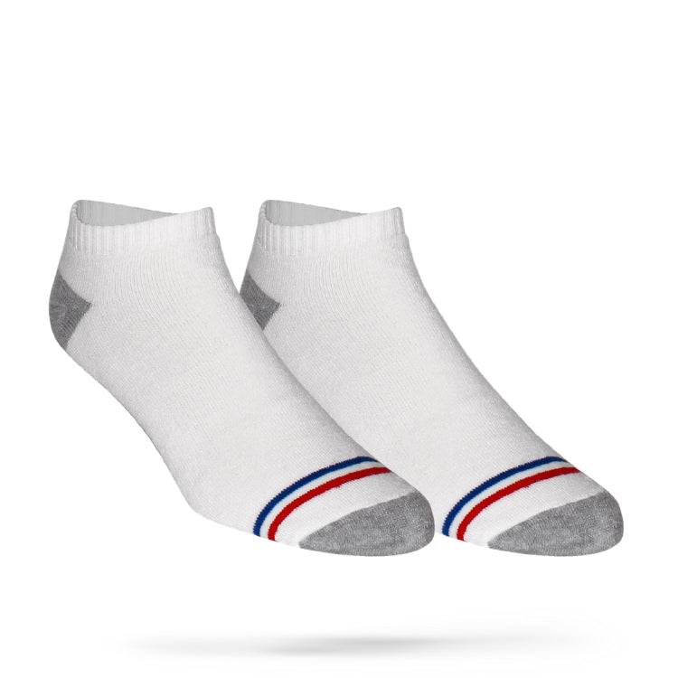 A pair of white socks with a red and blue stripe, designed to be worn on the feet.