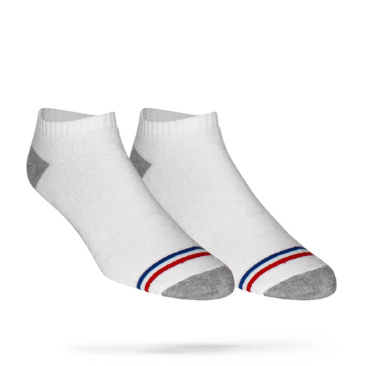 A pair of white socks with a red and blue stripe, designed to be worn on the feet.