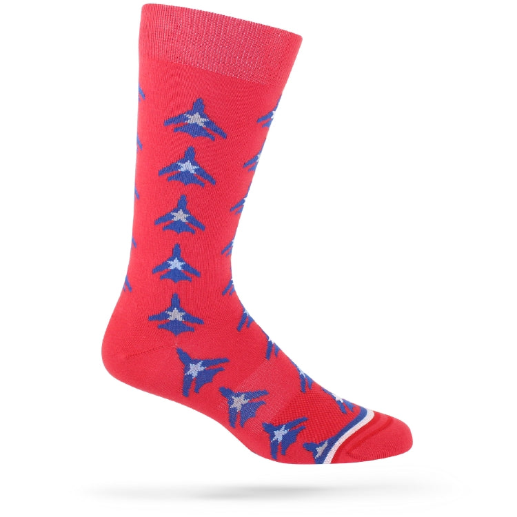 A pair of red socks with blue jet airplane pattern 