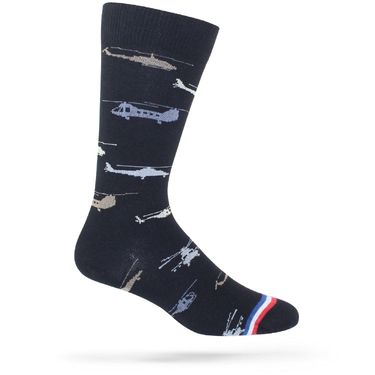 A pair of black casual crew socks with a pattern of various helicopters in different shades of gray and a colorful stripe at the ankle.