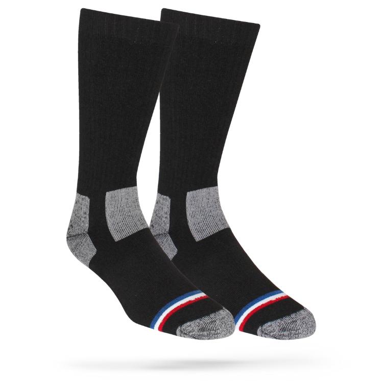 A pair of black crew socks with a striped pattern, featuring a reinforced heel and toe.
