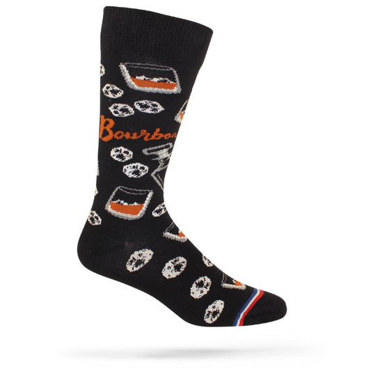 A pair of black bourbon-themed casual crew socks with a design featuring bourbon glasses and the word 'BOURBON' on the ankle area.