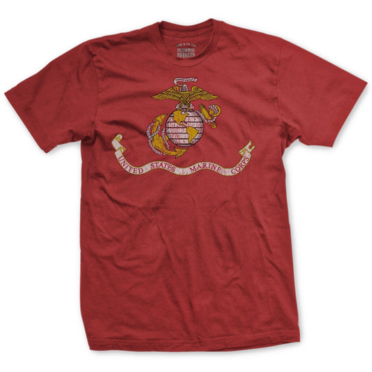 Red T-shirt with a vintage USMC flag design printed on the front.