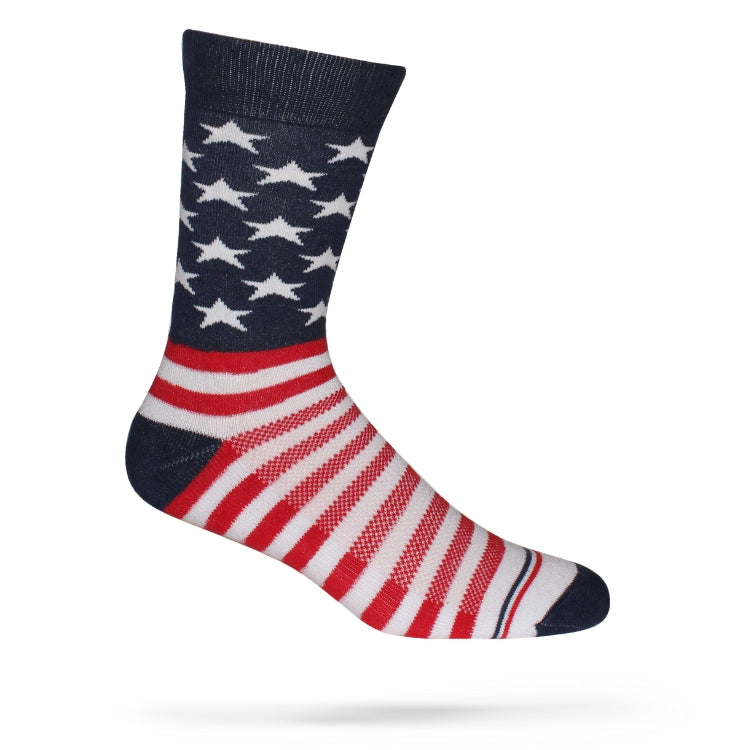 A pair of crew socks with a stars and stripes pattern, predominantly red with blue stripes, and a visible white cotton logo on the ankle.