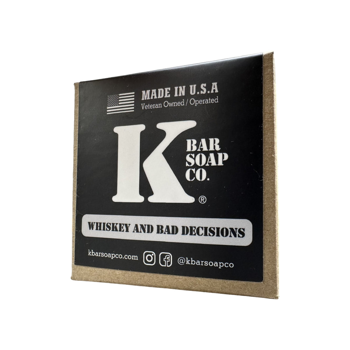Whiskey & Bad Decisions natural bar soap in its K Bar box, front