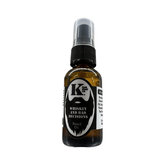 A bottle of Whiskey & Bad Decisions premium beard oil with a label that has a rugged, outdoor-themed design.