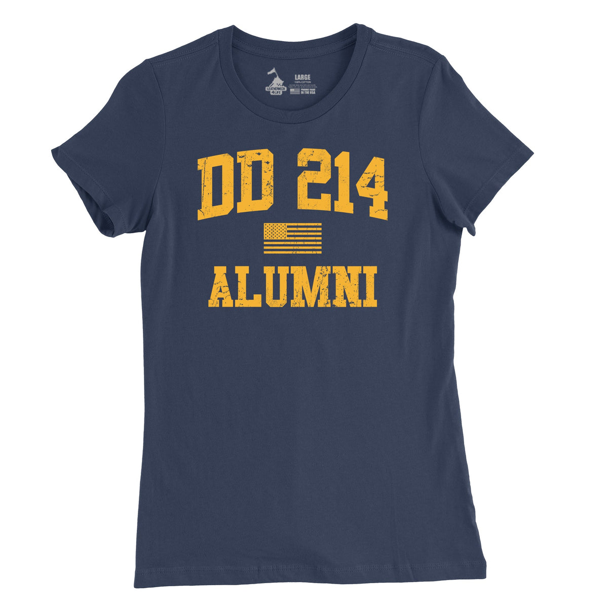 A navy blue t-shirt with the text 'DD-214 ALUMNI' and an emblem that includes the American flag, indicating a vintage military design.