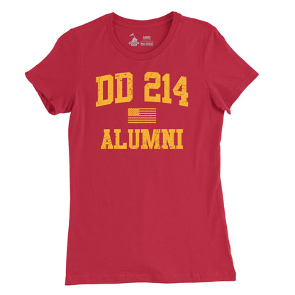 A red blue t-shirt with the text 'DD-214 ALUMNI' and an emblem that includes the American flag, indicating a vintage military design.