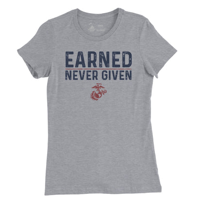 A gray vintage t-shirt with text 'EARNED NEVER GIVEN' and a small emblem/logo below the text.