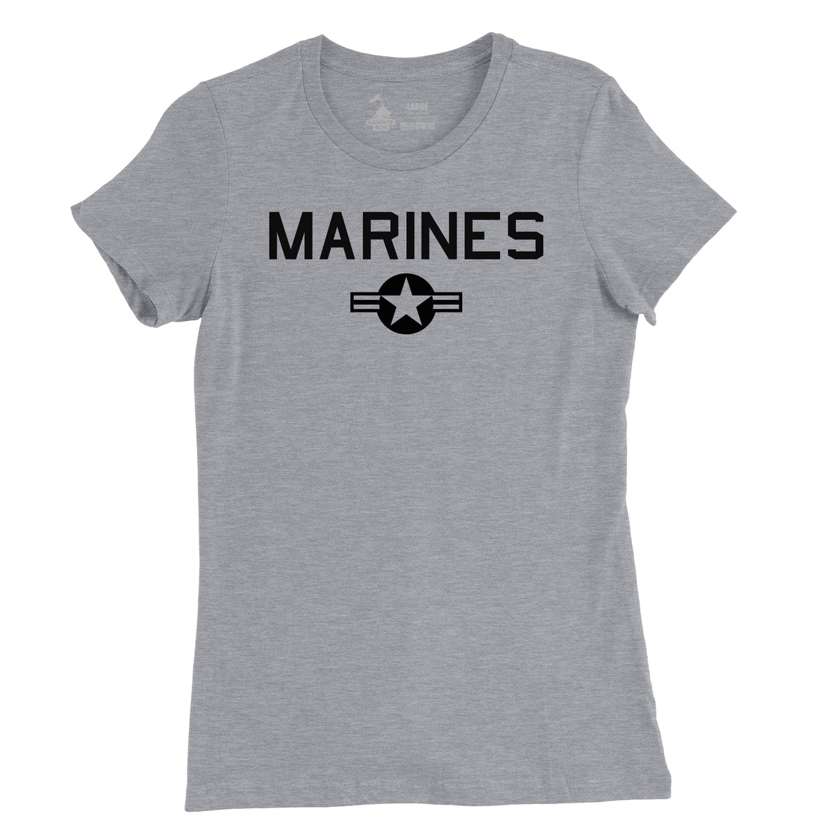 A gray t-shirt with the text 'MARINES' and a roundel (emblem) in the center, indicating a military theme.