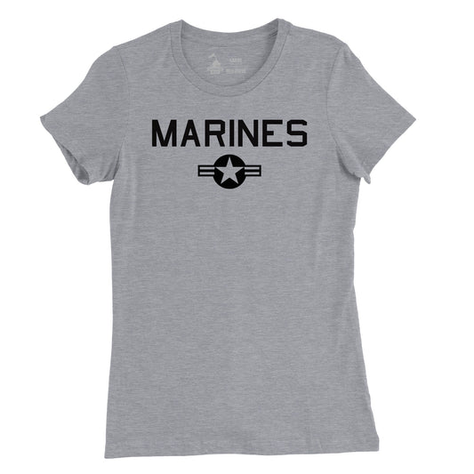 A gray t-shirt with the text 'MARINES' and a roundel (emblem) in the center, indicating a military theme.