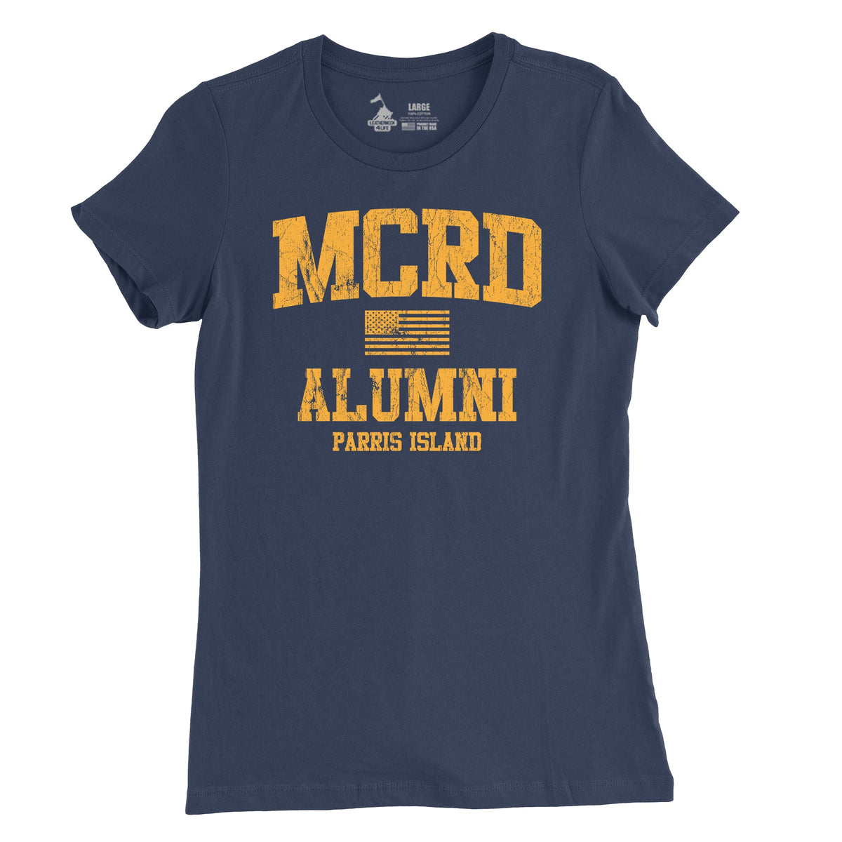 A navy t-shirt with 'MCRD ALUMNI PARRIS ISLAND' 