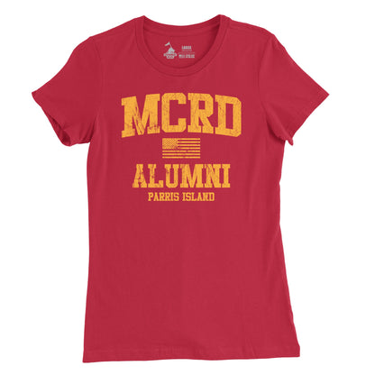 A red t-shirt with 'MCRD ALUMNI PARRIS ISLAND' 